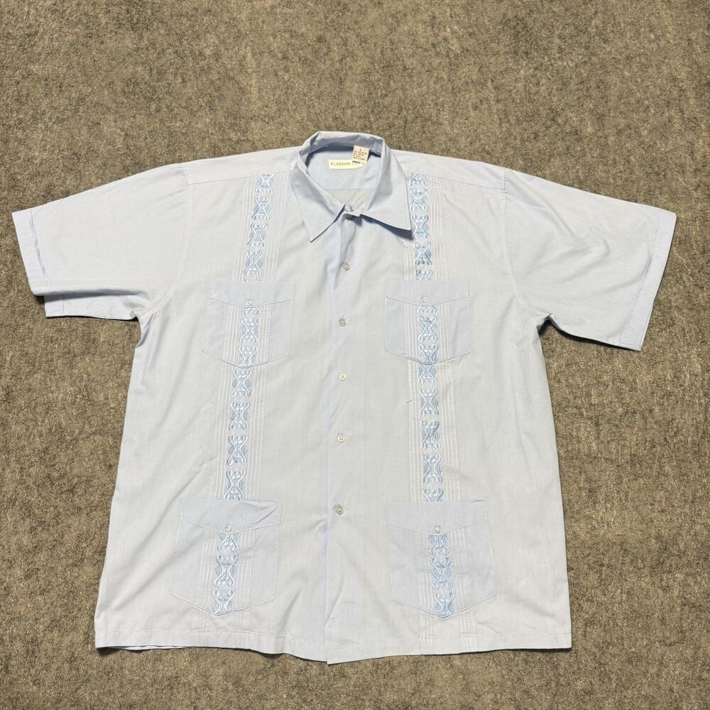 Platoon USA Guayabera Shirt Large L Light Blue Embroidered Cuban Mexican Wedding